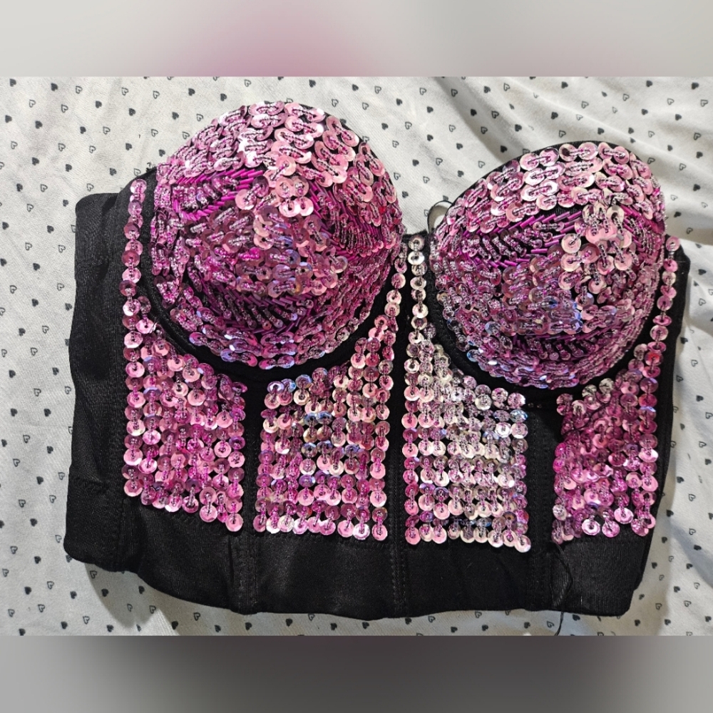 Black and pink sequin strapless crop bralette/corset